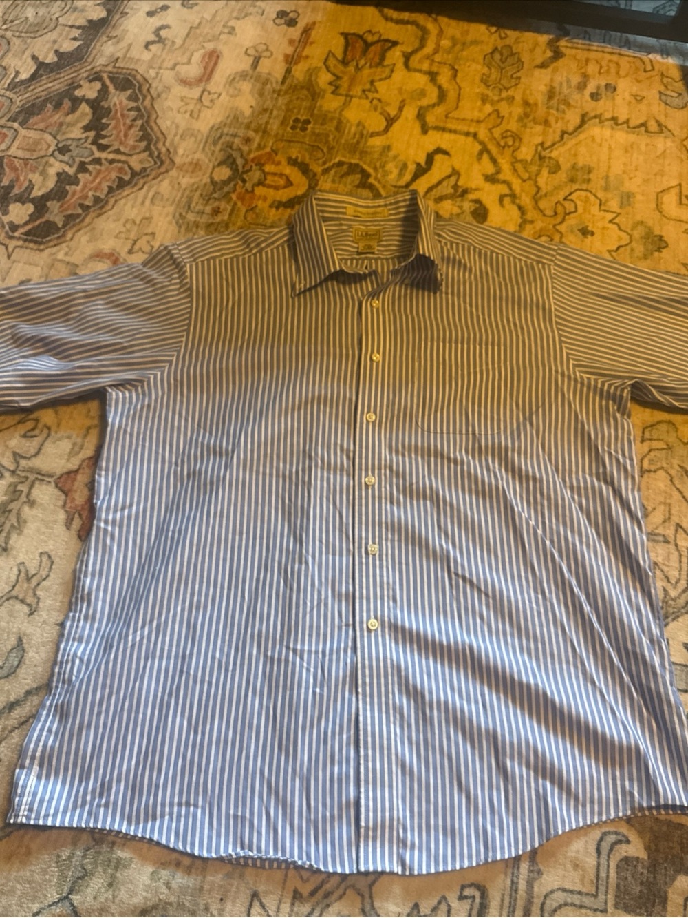 LL BEAN Shirt Men's Large Blue/White Stripe Short Sleeve Cotton Button Down
